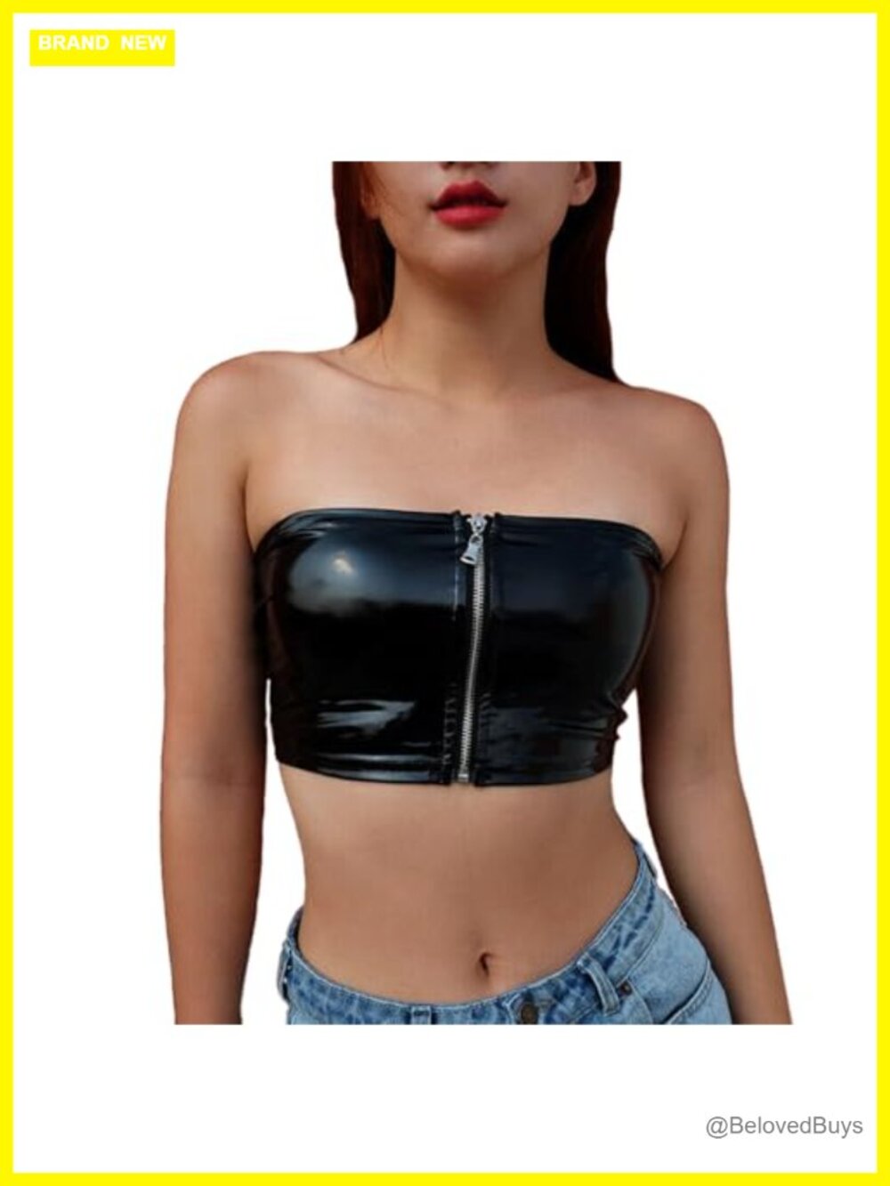 Women Faux Leather Zipper Front Sleeveless Tube Crop Bustier Top